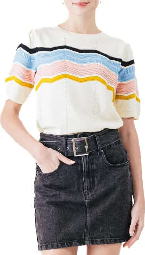 Cable Stitch Women's Zig Zag Stitch Short Sleeve Sweater - Crewneck Soft Cotton Pullover Knit Top