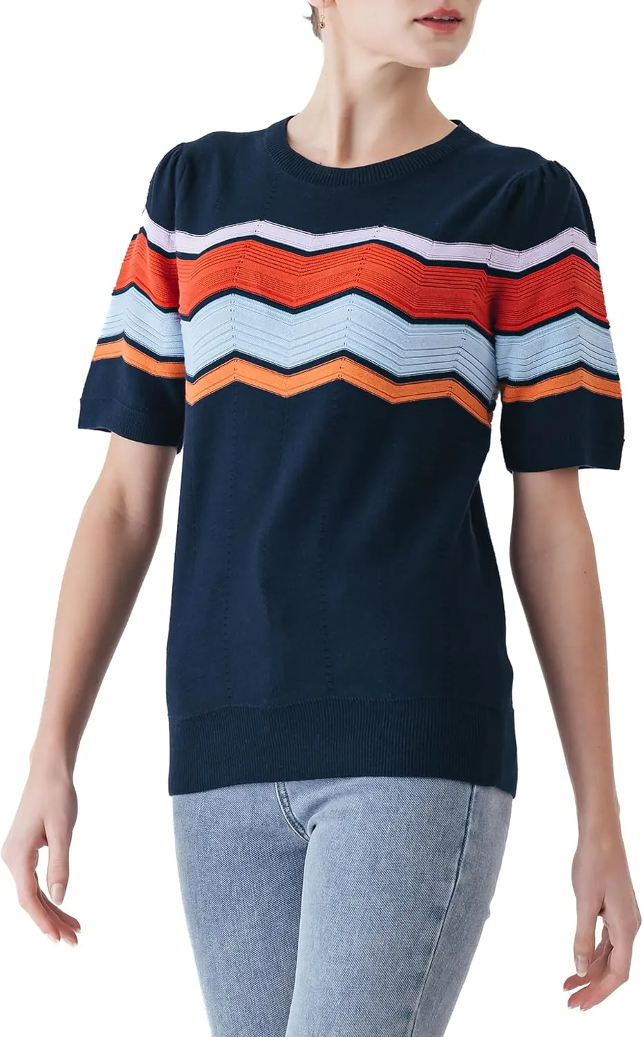 Cable Stitch Women's Zig Zag Stitch Short Sleeve Sweater - Crewneck Soft Cotton Pullover Knit Top