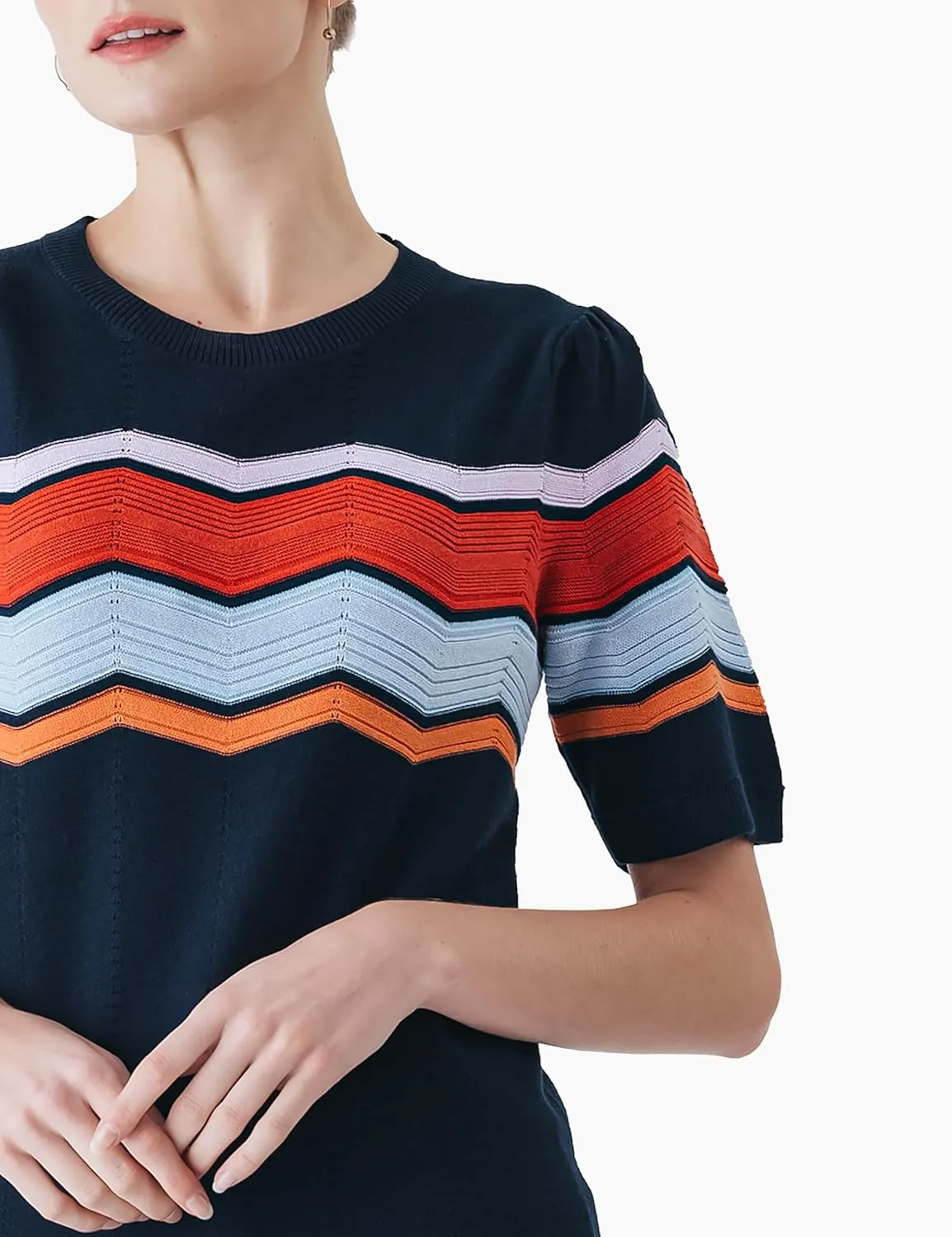 Cable Stitch Women's Zig Zag Stitch Short Sleeve Sweater - Crewneck Soft Cotton Pullover Knit Top