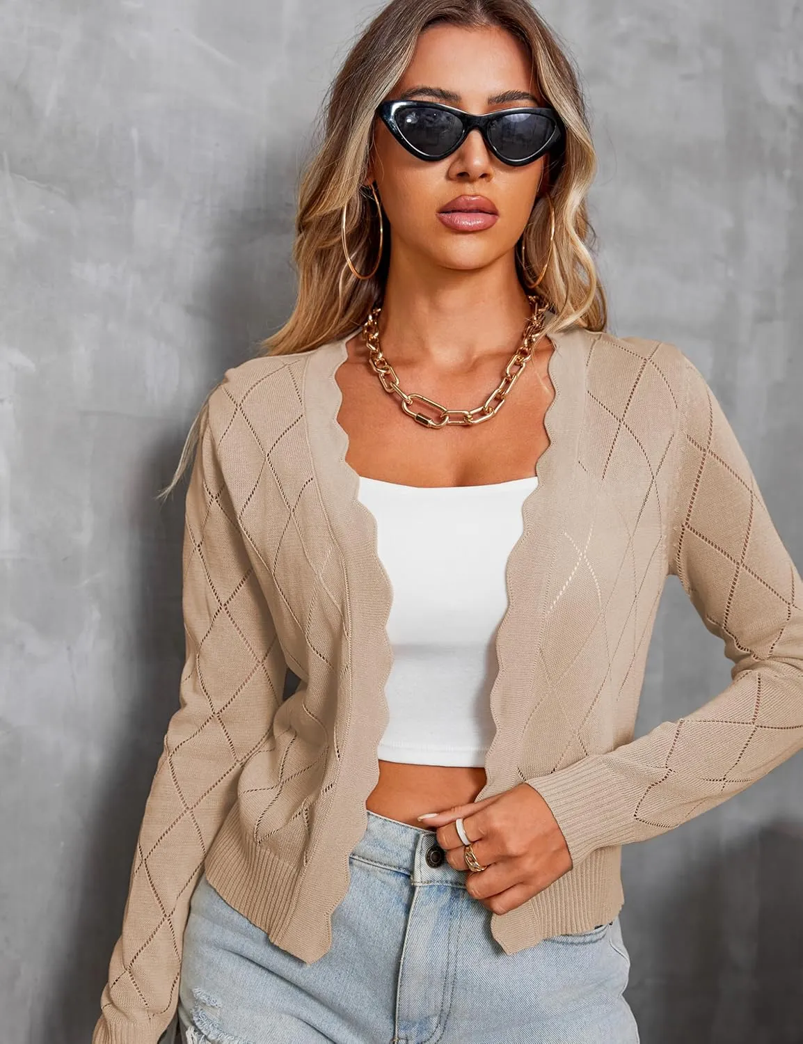 CARDYDONY Women's Long Sleeve Cropped Cardigan Sweaters Open Front Hollow Out Shrugs S-XL
