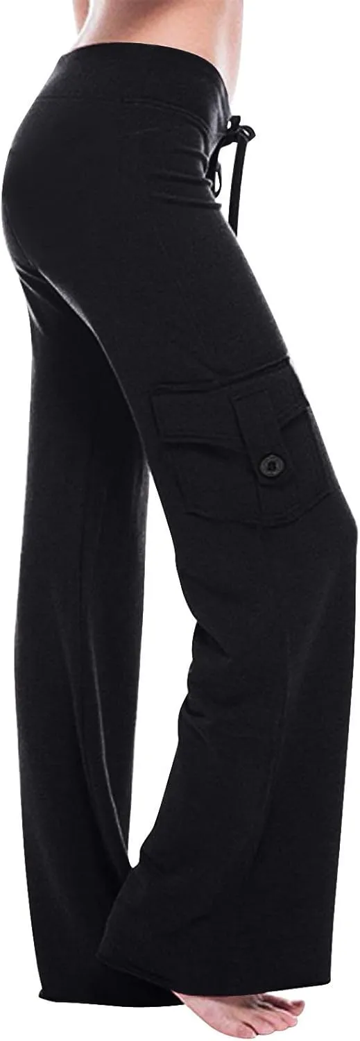 Cargo Yoga Pants for Women High Waist Stretch Flare Trousers Drawstring Waist Workout Sweatpants with Side Pockets