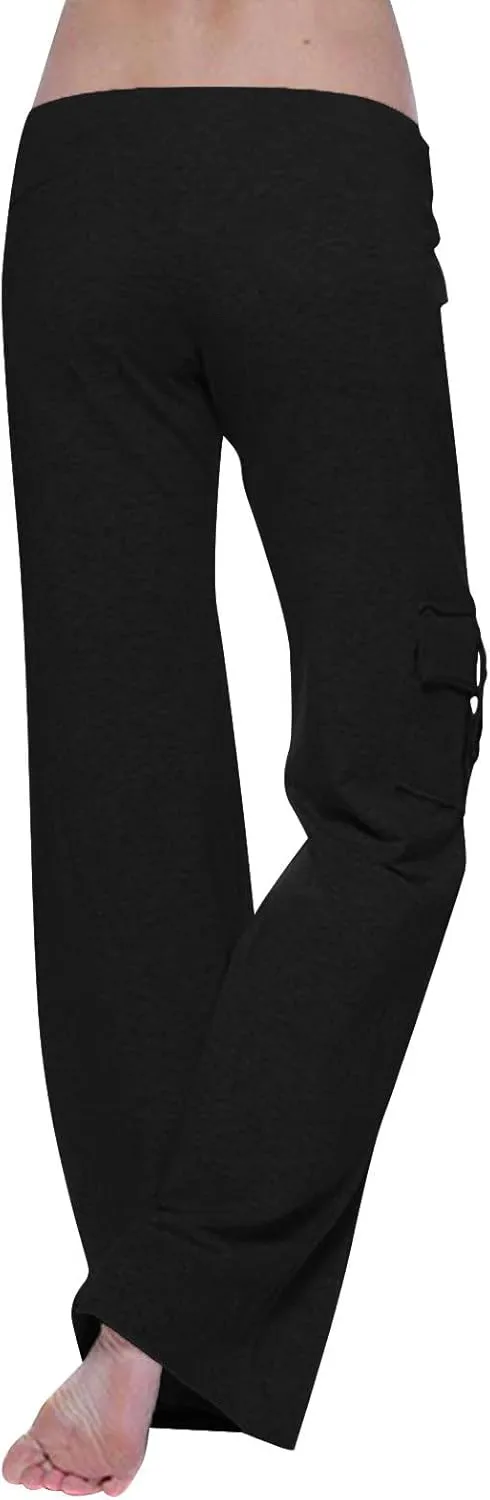 Cargo Yoga Pants for Women High Waist Stretch Flare Trousers Drawstring Waist Workout Sweatpants with Side Pockets
