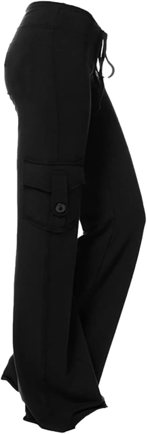 Cargo Yoga Pants for Women High Waist Stretch Flare Trousers Drawstring Waist Workout Sweatpants with Side Pockets