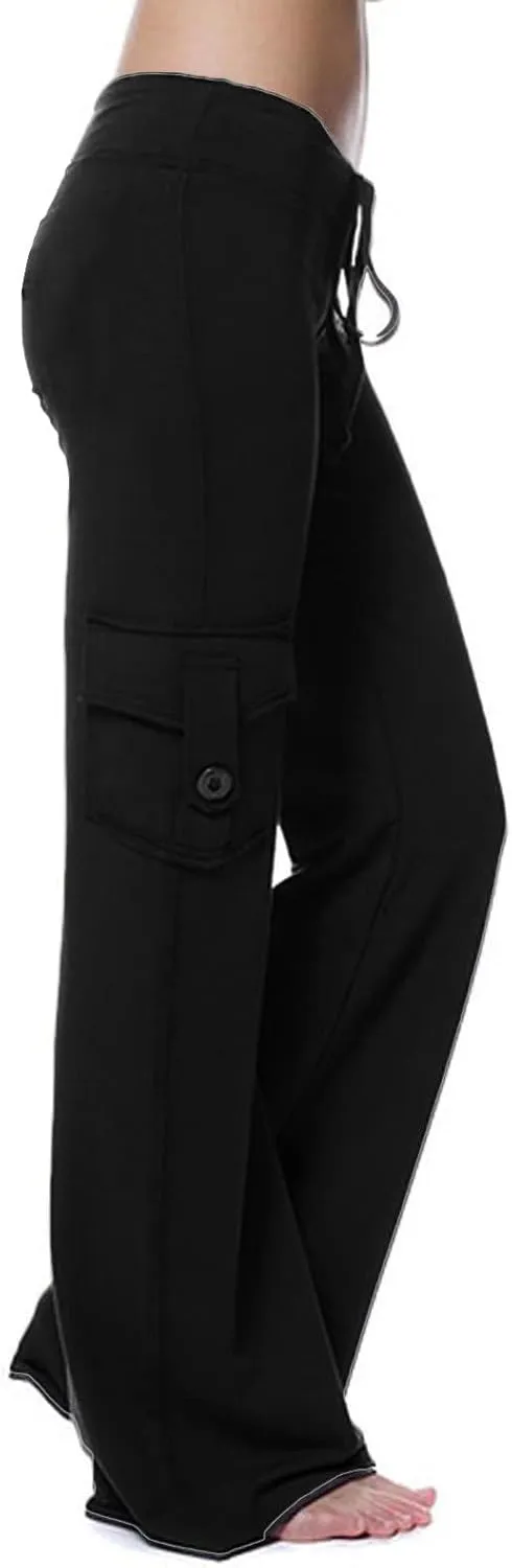 Cargo Yoga Pants for Women High Waist Stretch Flare Trousers Drawstring Waist Workout Sweatpants with Side Pockets