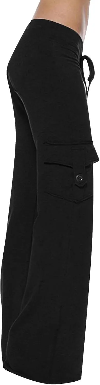 Cargo Yoga Pants for Women High Waist Stretch Flare Trousers Drawstring Waist Workout Sweatpants with Side Pockets