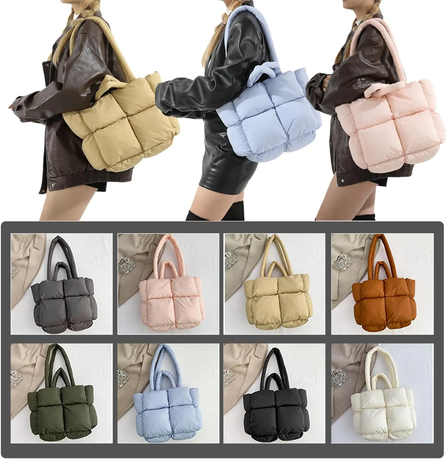 Checkered Puffer Tote Bag for Women, Bubble Quilted Hobo Large Movement Shoulder Bag Soft Cotton Handbag Square Puffy Satchel