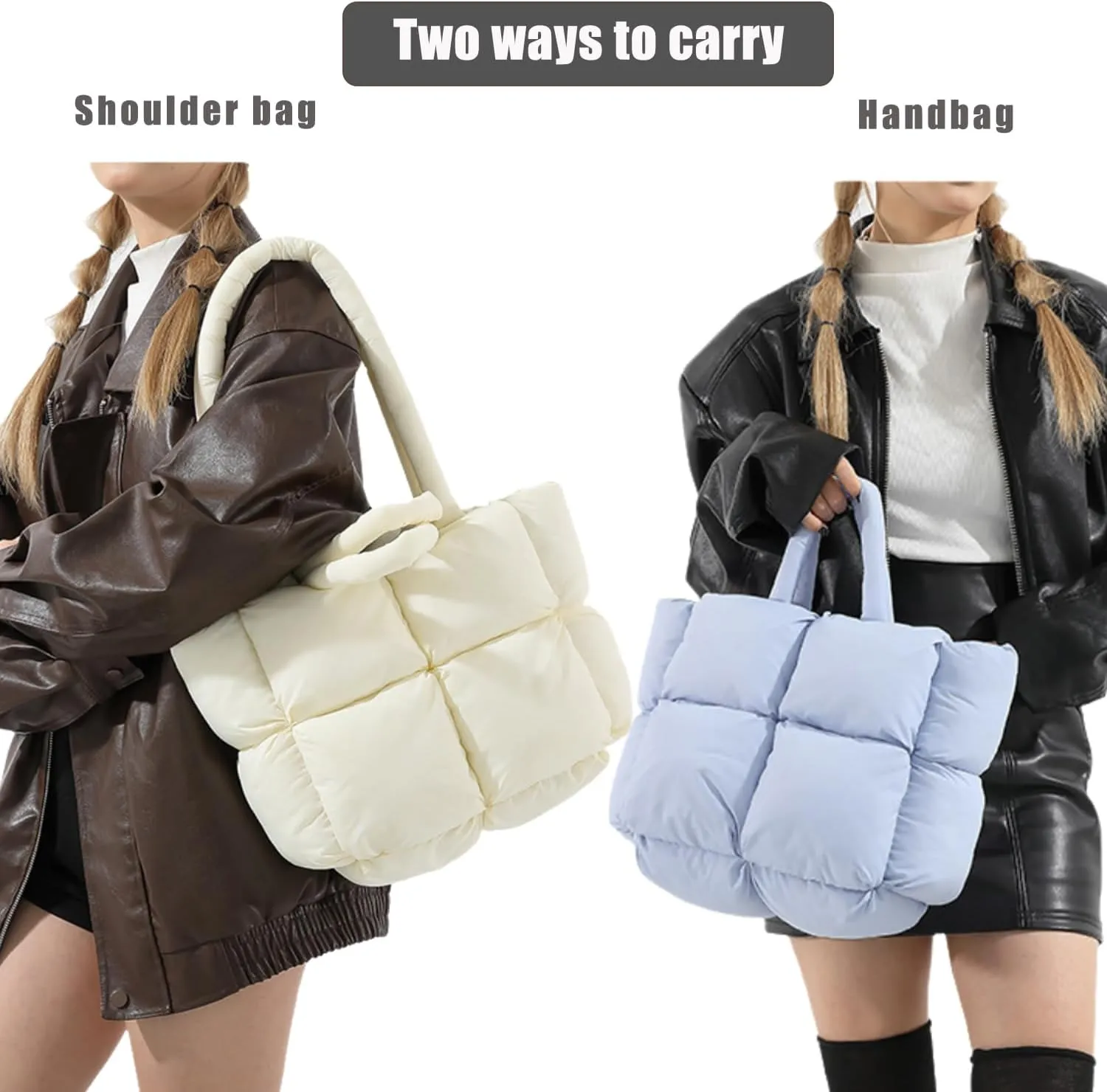 Checkered Puffer Tote Bag for Women, Bubble Quilted Hobo Large Movement Shoulder Bag Soft Cotton Handbag Square Puffy Satchel