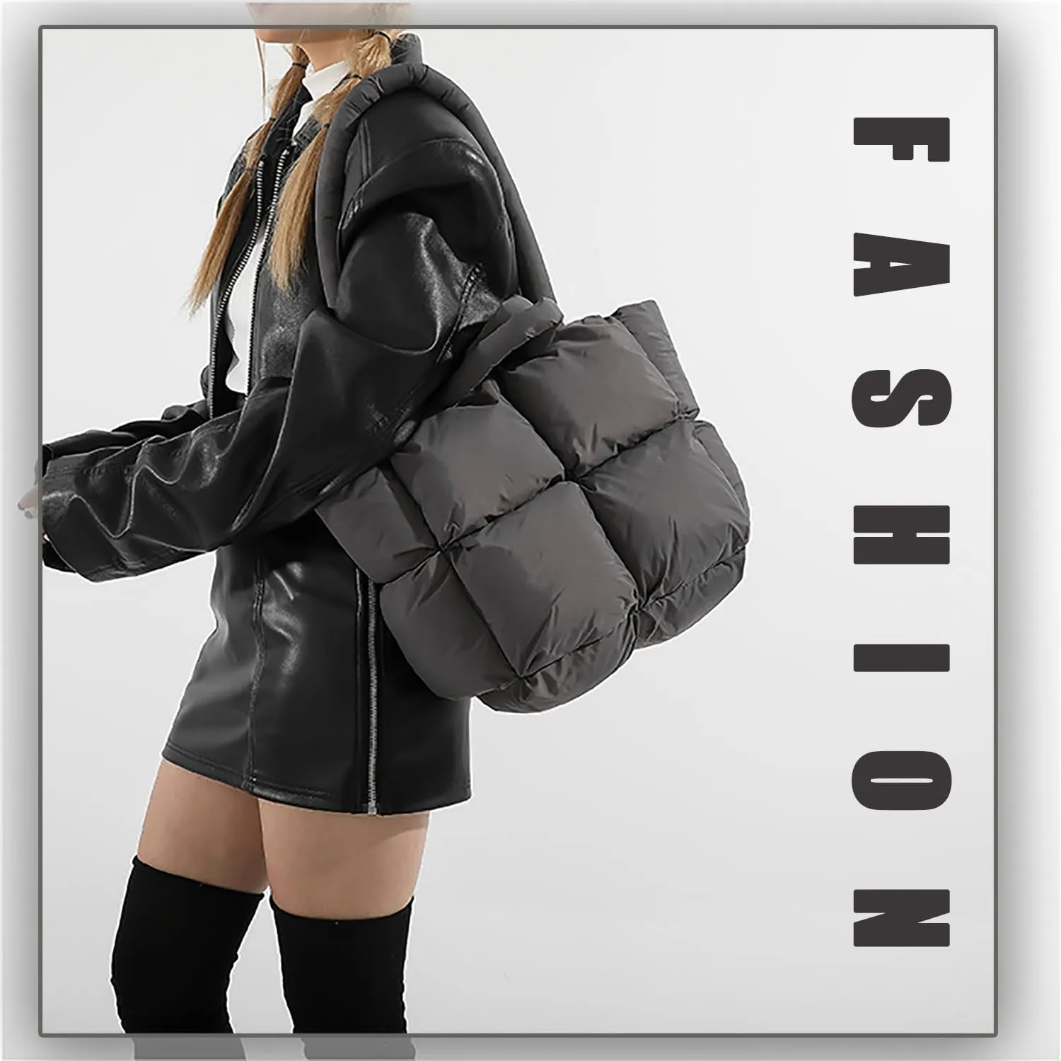 Checkered Puffer Tote Bag for Women, Bubble Quilted Hobo Large Movement Shoulder Bag Soft Cotton Handbag Square Puffy Satchel