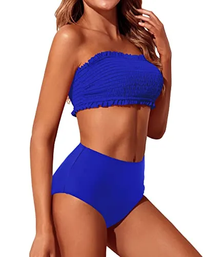 Cheeky Women's High Waisted Bikini Set Ruffle Off Shoulder Bathing Suit-Royal Blue