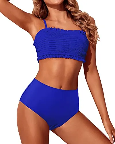 Cheeky Women's High Waisted Bikini Set Ruffle Off Shoulder Bathing Suit-Royal Blue