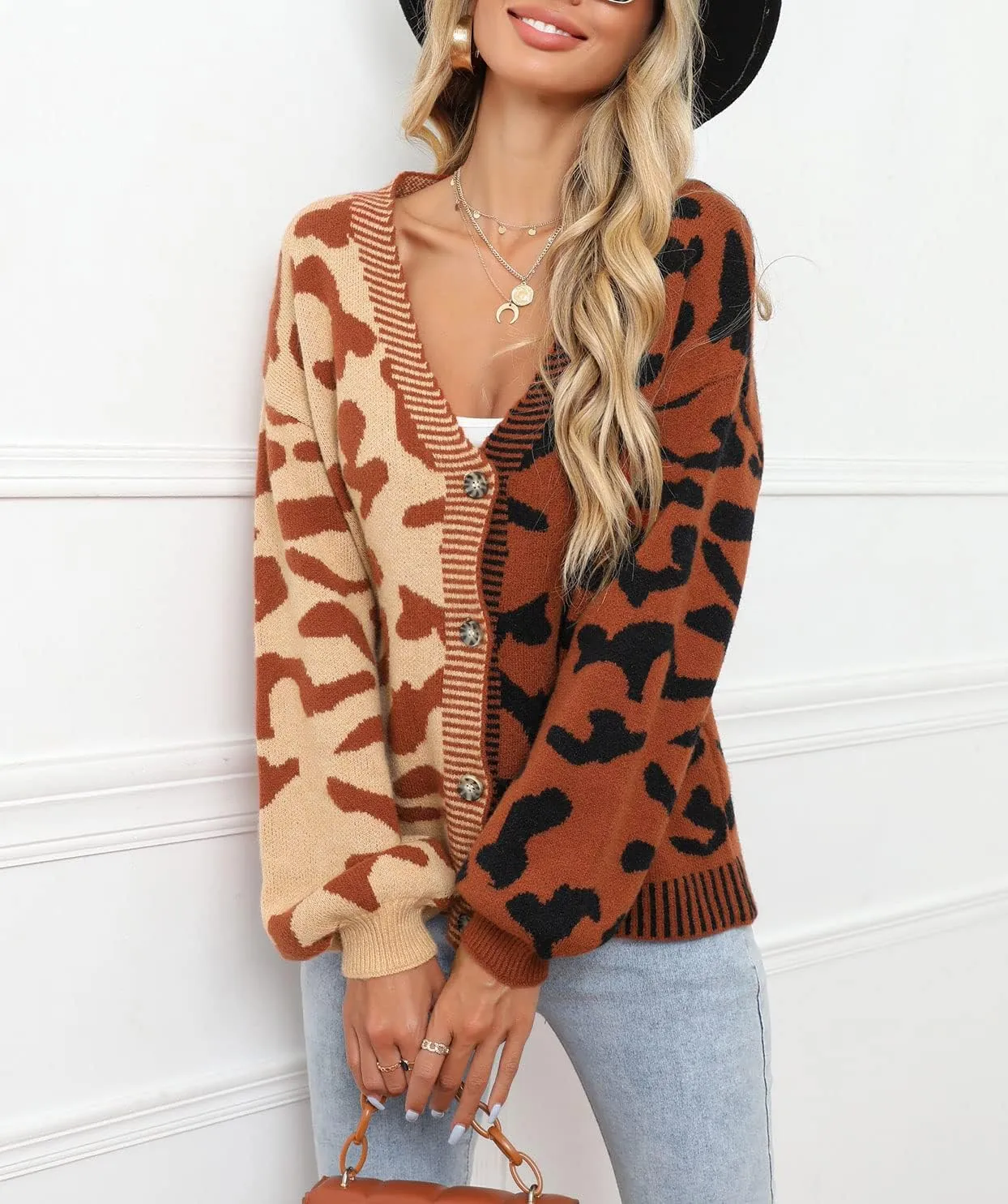 chouyatou Women's Color Block Leopard Print Button Down Long Sleeve Cardigan Sweaters