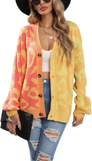 chouyatou Women's Color Block Leopard Print Button Down Long Sleeve Cardigan Sweaters
