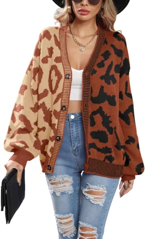 chouyatou Women's Color Block Leopard Print Button Down Long Sleeve Cardigan Sweaters