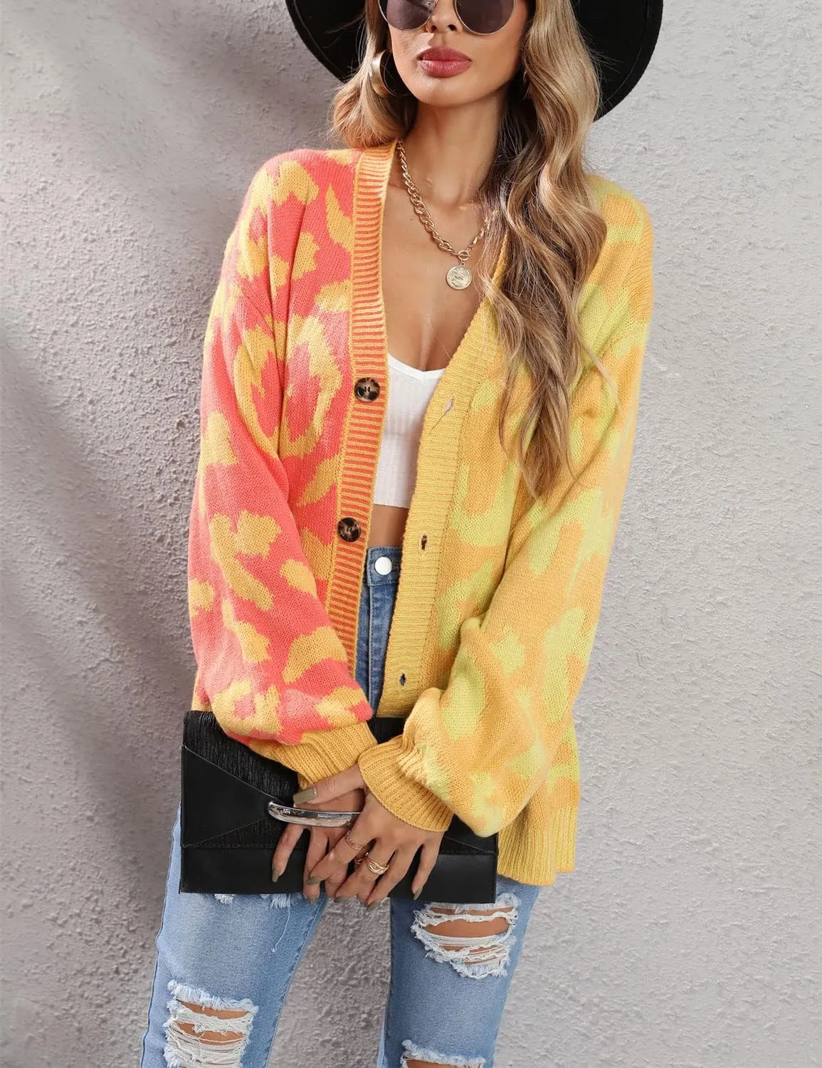 chouyatou Women's Color Block Leopard Print Button Down Long Sleeve Cardigan Sweaters