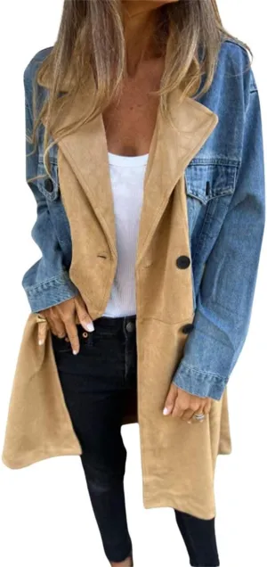 chouyatou Women's Notched Lapel Double Breasted Denim Spliced Faux Suede Leather Long Trench Coat Jacket Outerwear