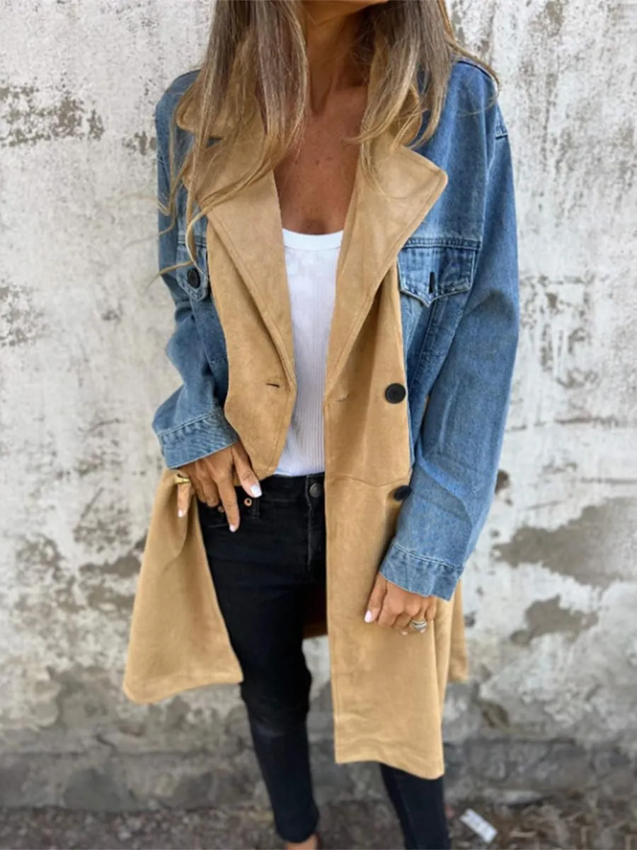 chouyatou Women's Notched Lapel Double Breasted Denim Spliced Faux Suede Leather Long Trench Coat Jacket Outerwear