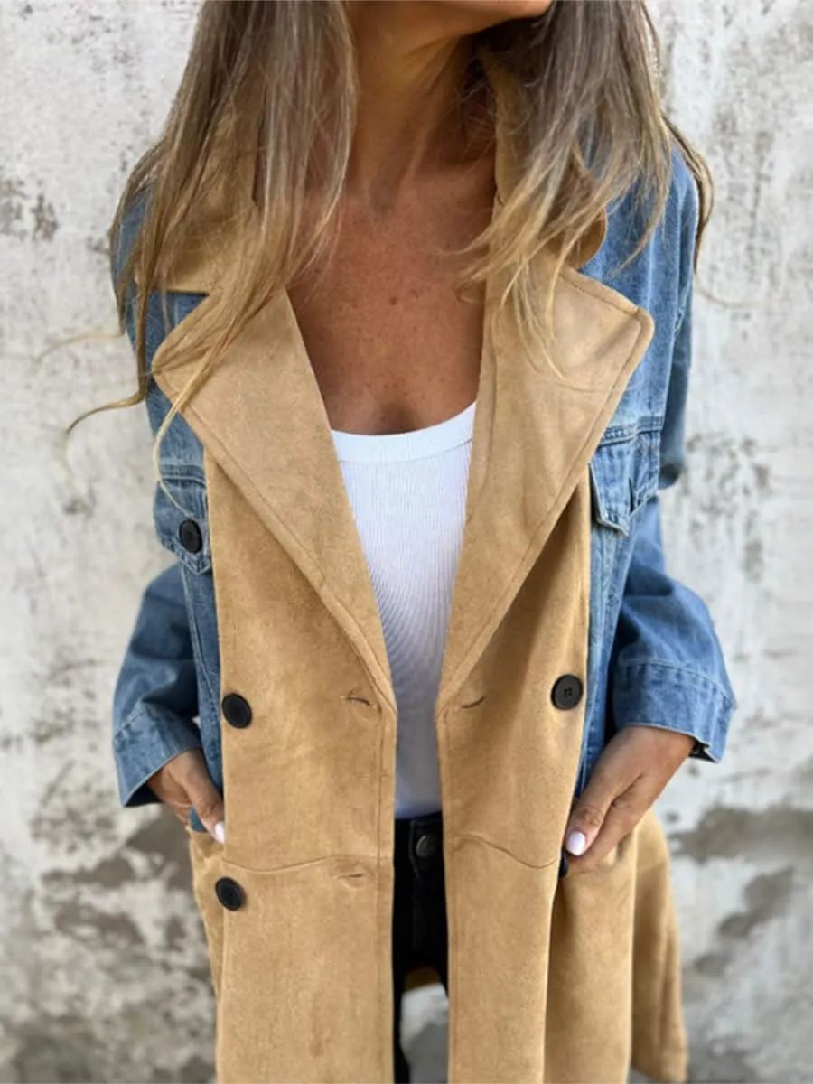 chouyatou Women's Notched Lapel Double Breasted Denim Spliced Faux Suede Leather Long Trench Coat Jacket Outerwear