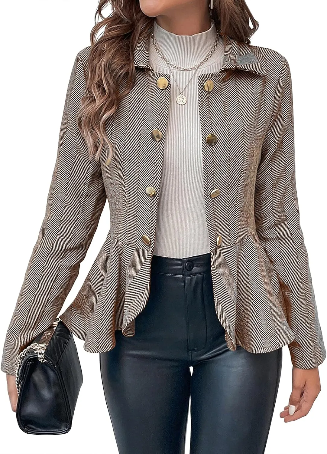 Cicy Bell Elegant Women Blazer Business Work Office Peplum Hem Jacket Open Front Herringbone Coats