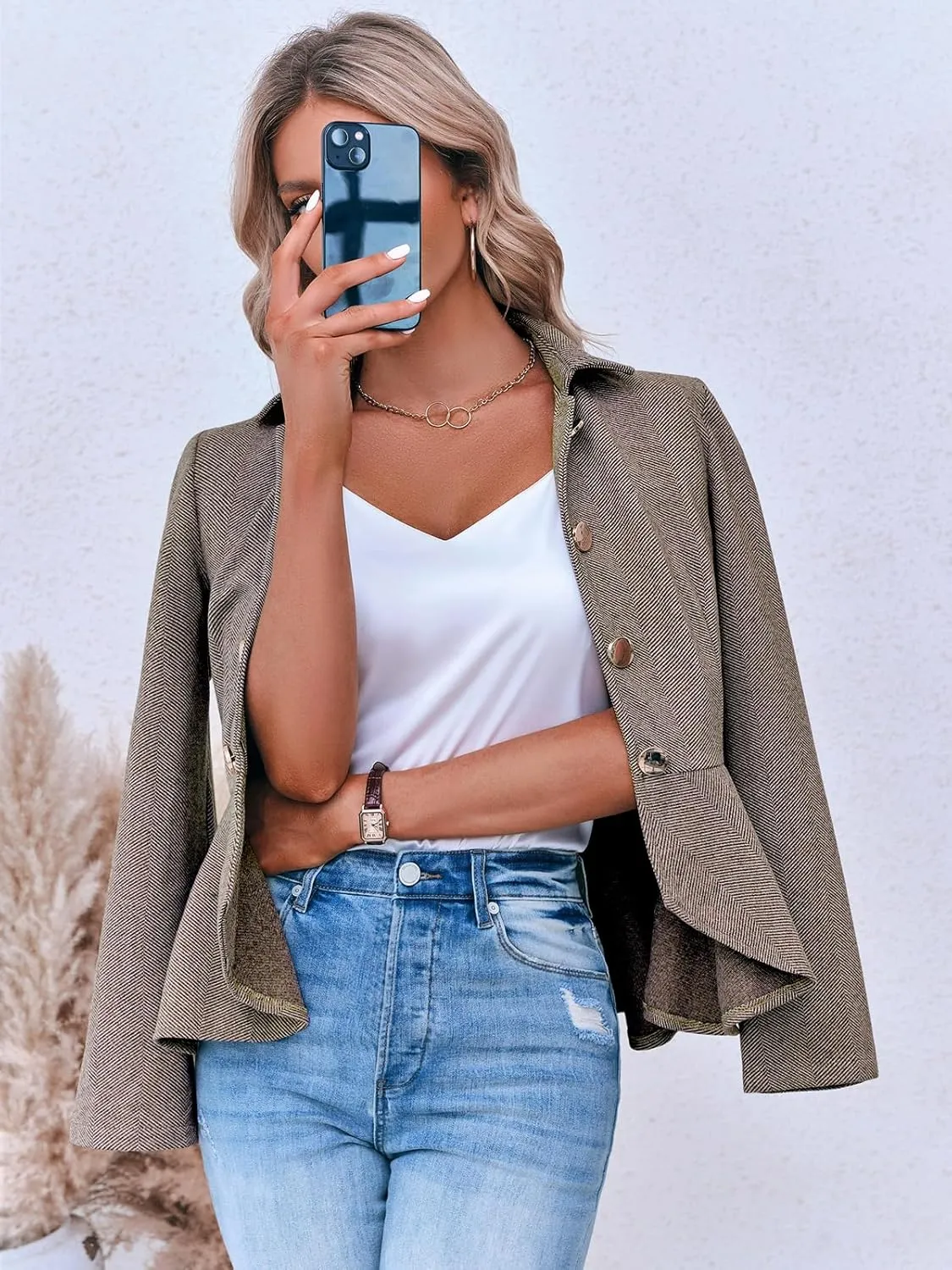 Cicy Bell Elegant Women Blazer Business Work Office Peplum Hem Jacket Open Front Herringbone Coats