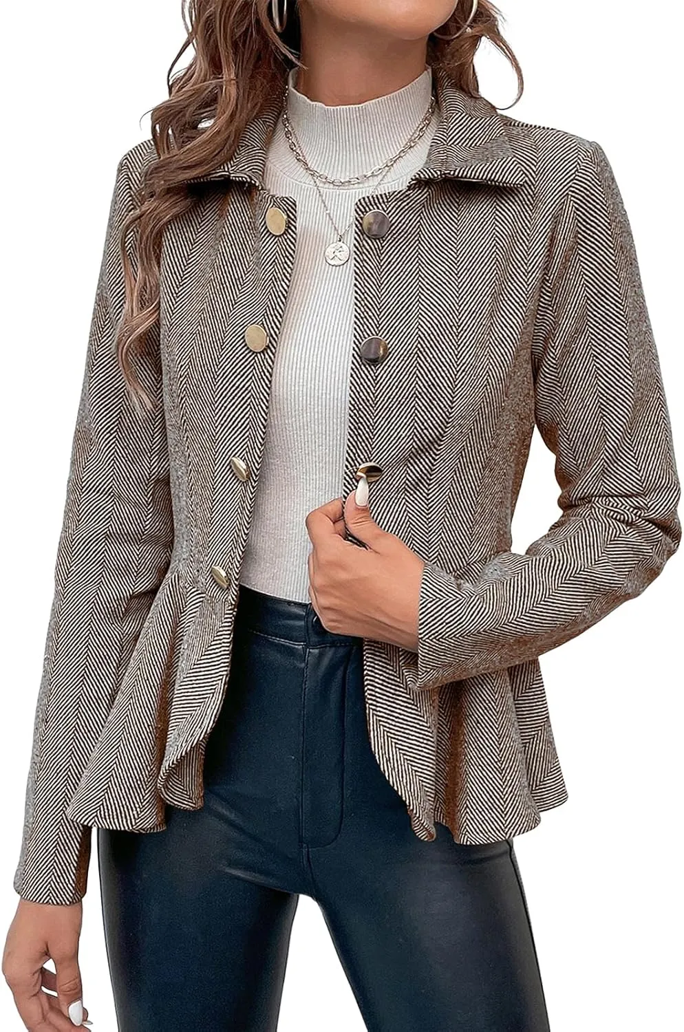 Cicy Bell Elegant Women Blazer Business Work Office Peplum Hem Jacket Open Front Herringbone Coats