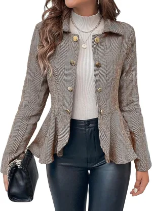 Cicy Bell Elegant Women Blazer Business Work Office Peplum Hem Jacket Open Front Herringbone Coats