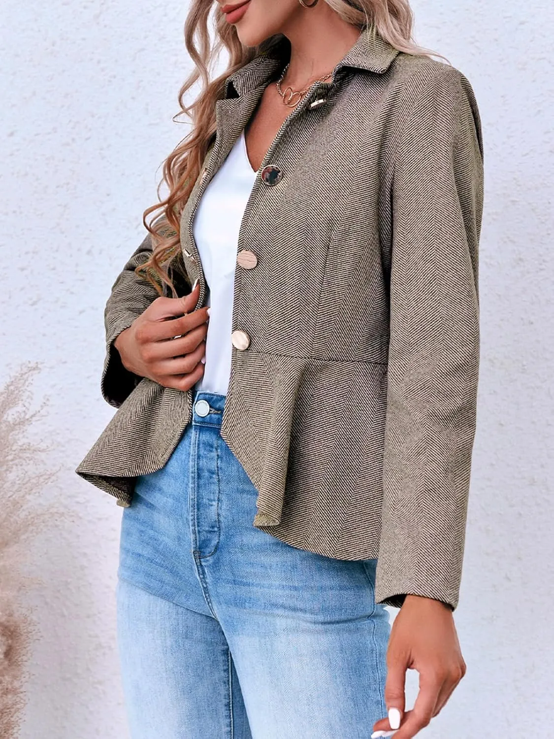 Cicy Bell Elegant Women Blazer Business Work Office Peplum Hem Jacket Open Front Herringbone Coats