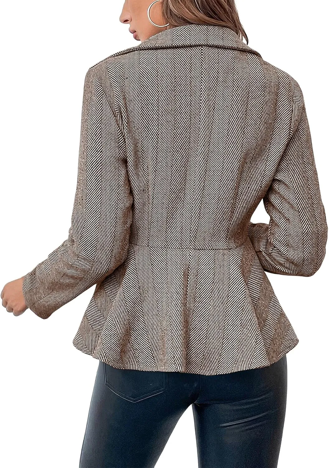 Cicy Bell Elegant Women Blazer Business Work Office Peplum Hem Jacket Open Front Herringbone Coats