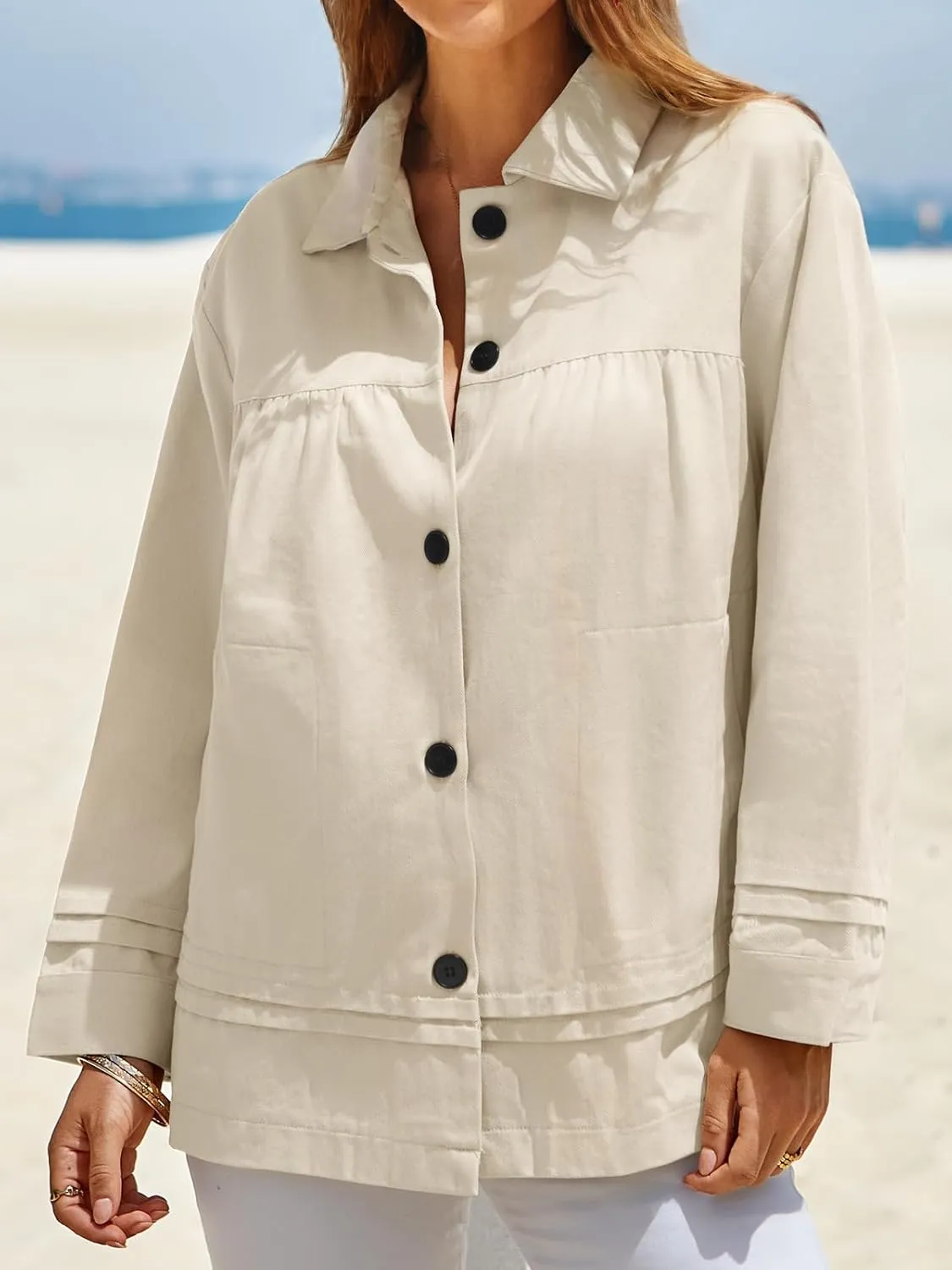 Cicy Bell Womens Oversized Casual Jackets Lightweight Pleated Babydoll Shackets Cotton Button Down Coats