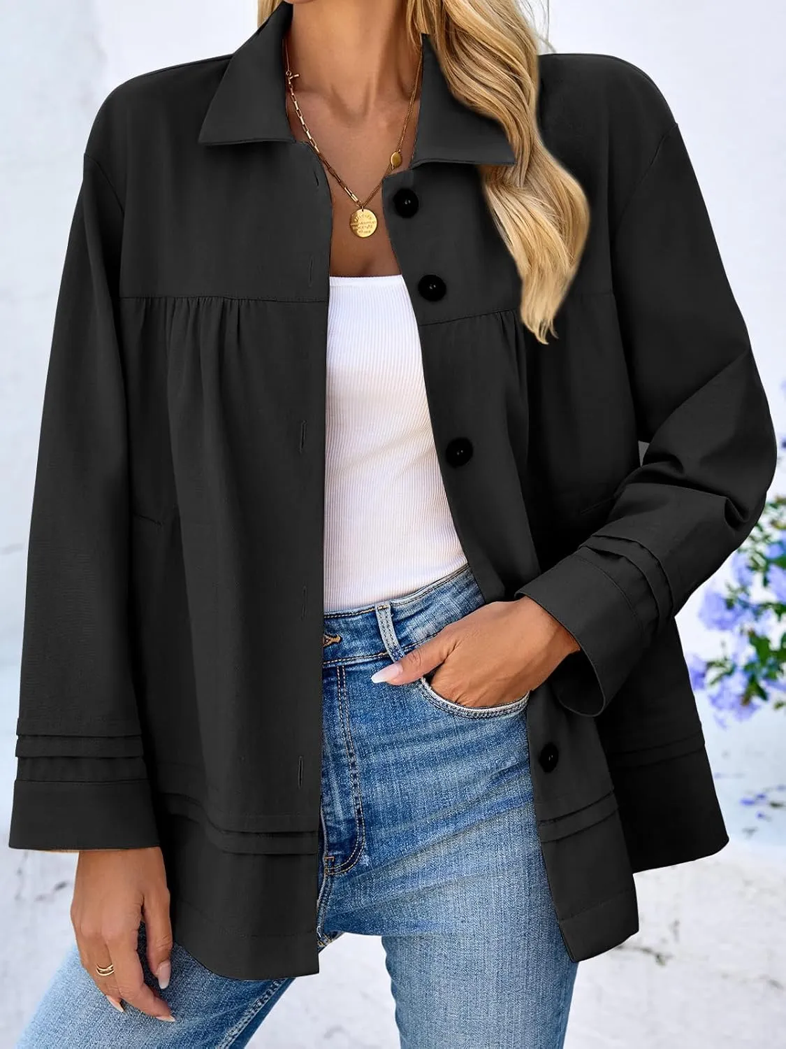Cicy Bell Womens Oversized Casual Jackets Lightweight Pleated Babydoll Shackets Cotton Button Down Coats