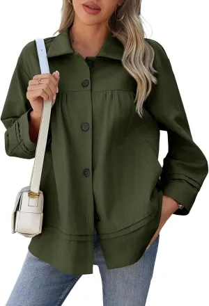 Cicy Bell Womens Oversized Casual Jackets Lightweight Pleated Babydoll Shackets Cotton Button Down Coats