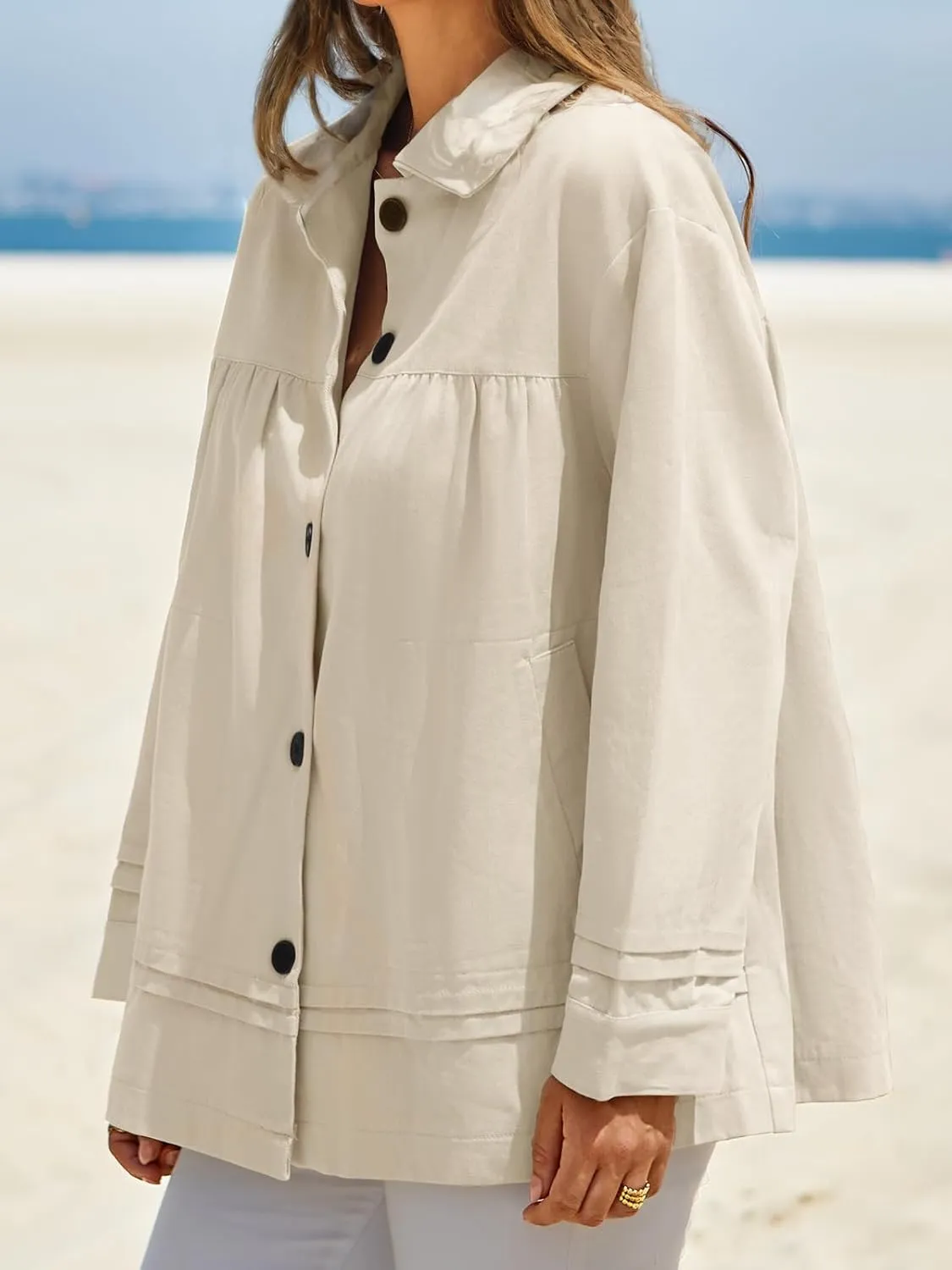 Cicy Bell Womens Oversized Casual Jackets Lightweight Pleated Babydoll Shackets Cotton Button Down Coats