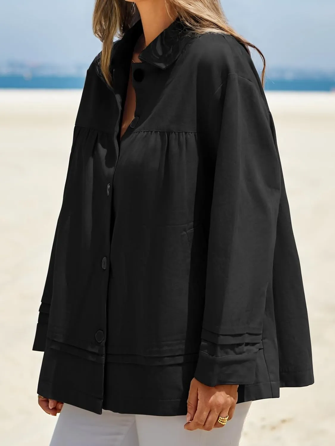 Cicy Bell Womens Oversized Casual Jackets Lightweight Pleated Babydoll Shackets Cotton Button Down Coats
