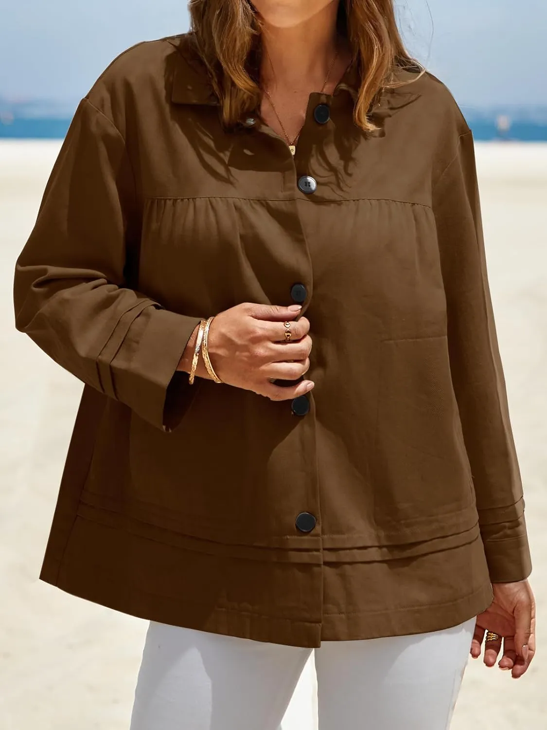 Cicy Bell Womens Oversized Casual Jackets Lightweight Pleated Babydoll Shackets Cotton Button Down Coats