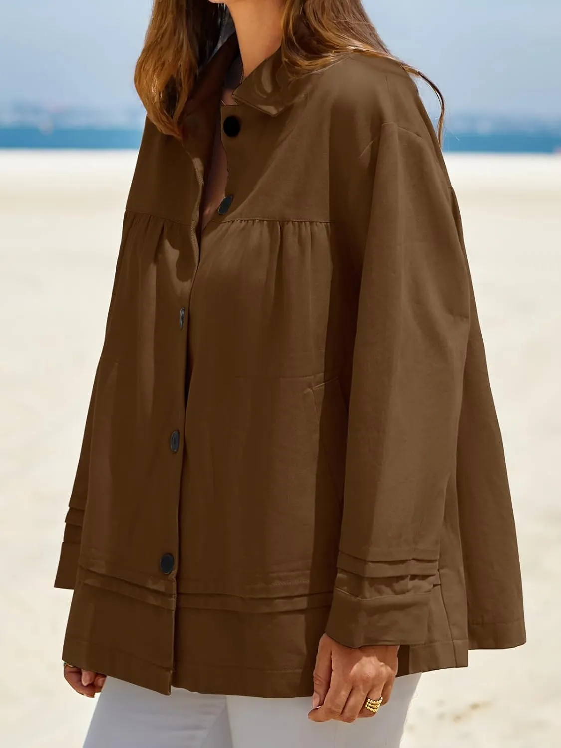 Cicy Bell Womens Oversized Casual Jackets Lightweight Pleated Babydoll Shackets Cotton Button Down Coats