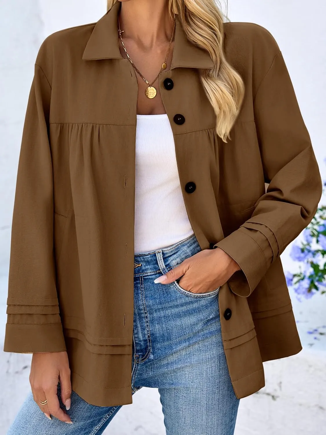 Cicy Bell Womens Oversized Casual Jackets Lightweight Pleated Babydoll Shackets Cotton Button Down Coats
