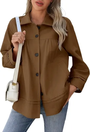 Cicy Bell Womens Oversized Casual Jackets Lightweight Pleated Babydoll Shackets Cotton Button Down Coats
