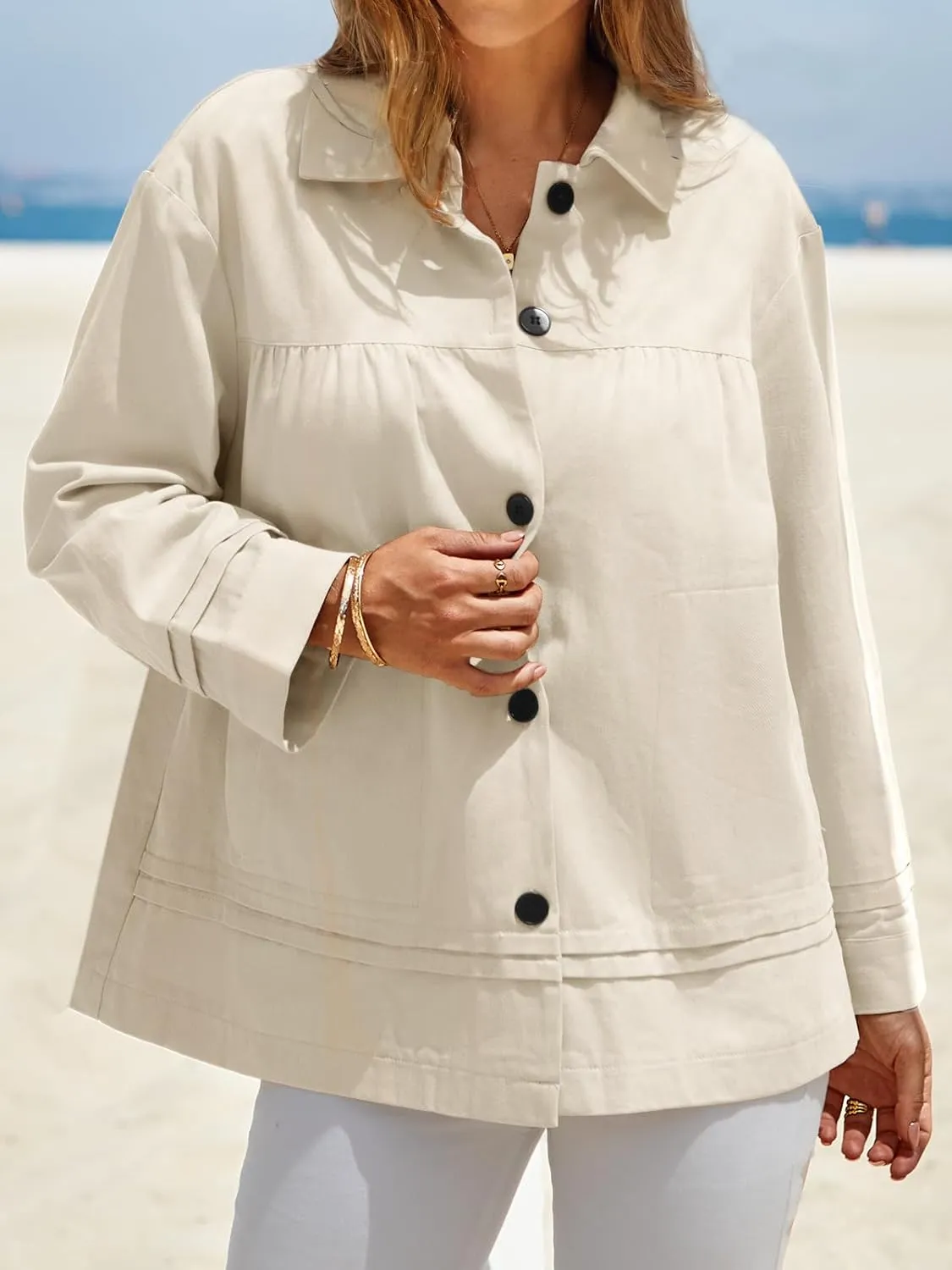 Cicy Bell Womens Oversized Casual Jackets Lightweight Pleated Babydoll Shackets Cotton Button Down Coats