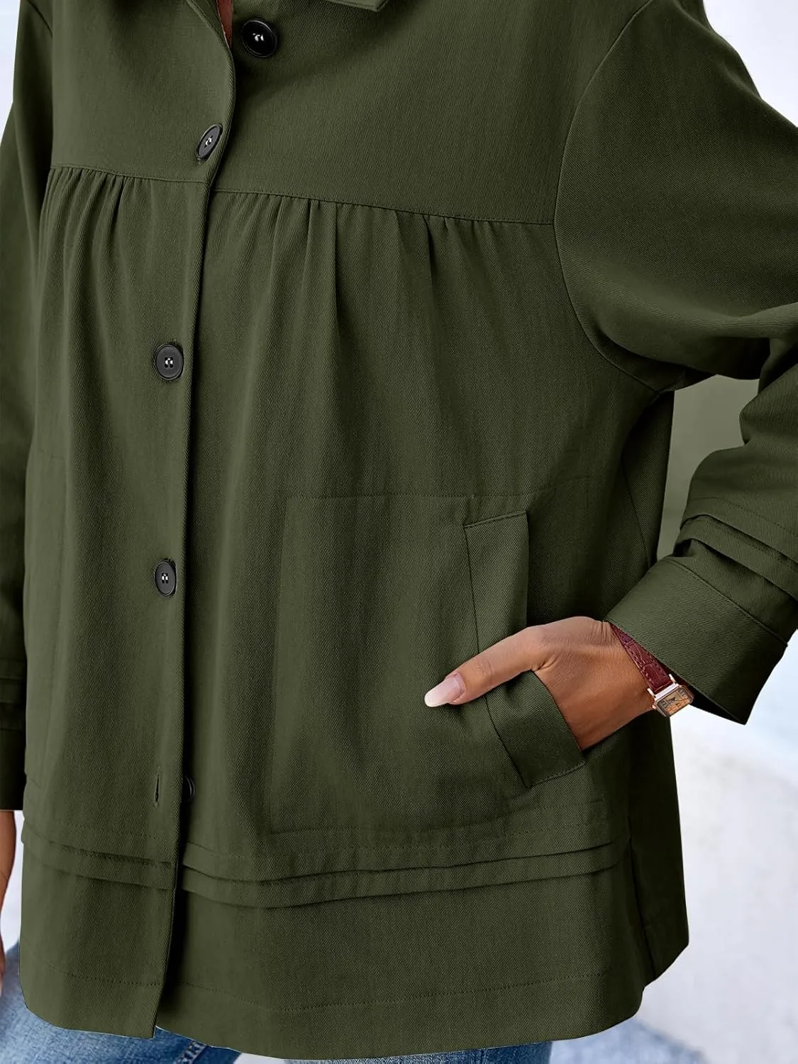 Cicy Bell Womens Oversized Casual Jackets Lightweight Pleated Babydoll Shackets Cotton Button Down Coats