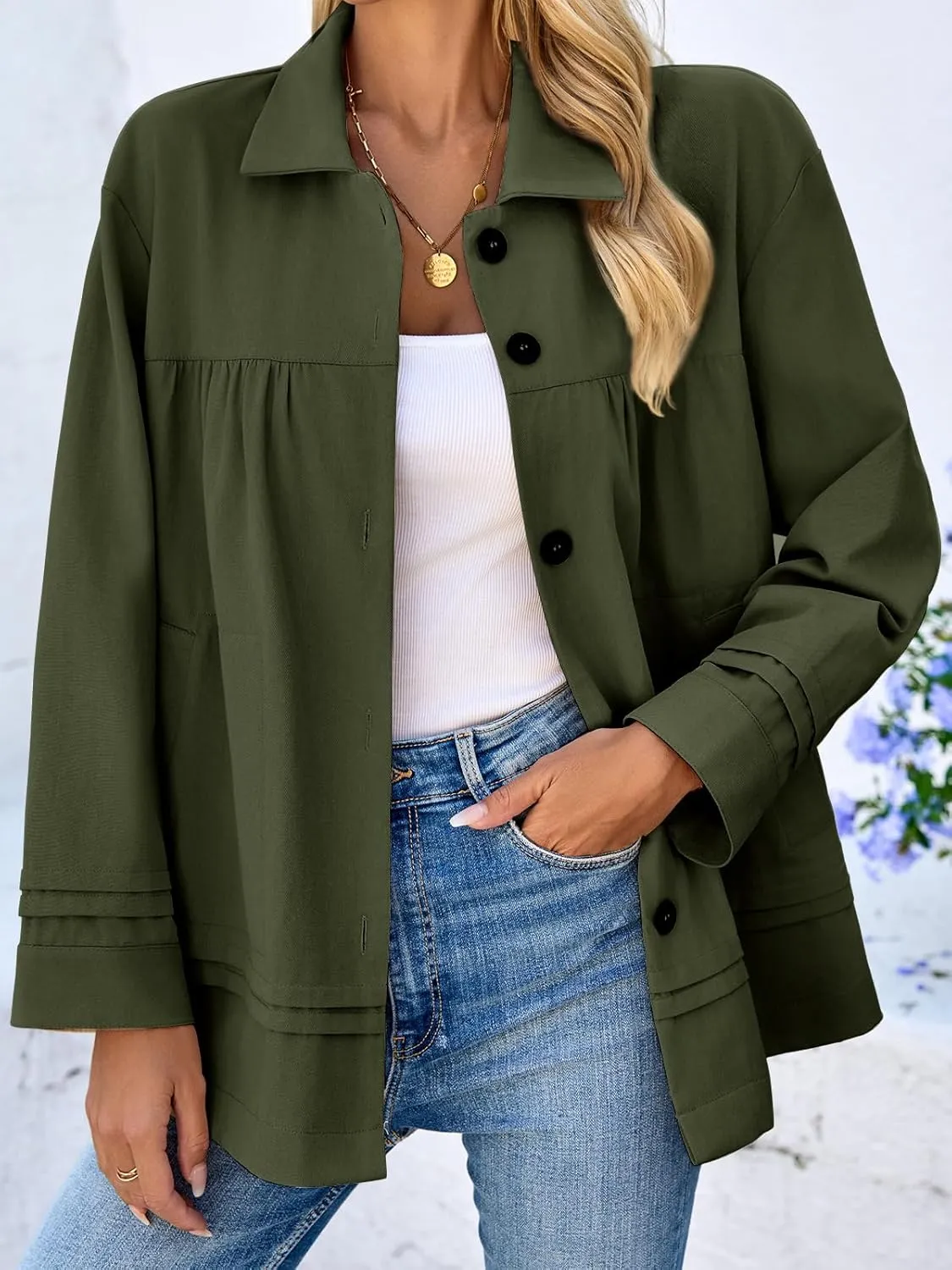 Cicy Bell Womens Oversized Casual Jackets Lightweight Pleated Babydoll Shackets Cotton Button Down Coats