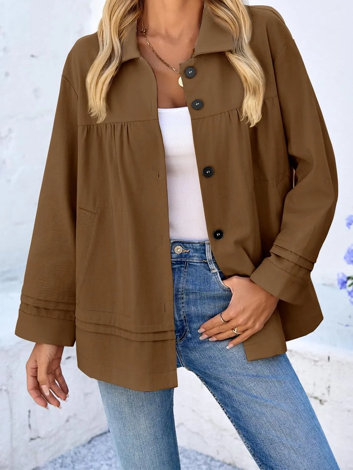 Cicy Bell Womens Oversized Casual Jackets Lightweight Pleated Babydoll Shackets Cotton Button Down Coats
