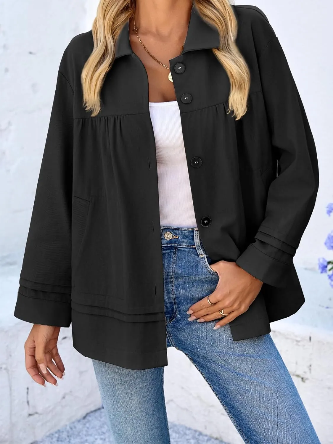 Cicy Bell Womens Oversized Casual Jackets Lightweight Pleated Babydoll Shackets Cotton Button Down Coats