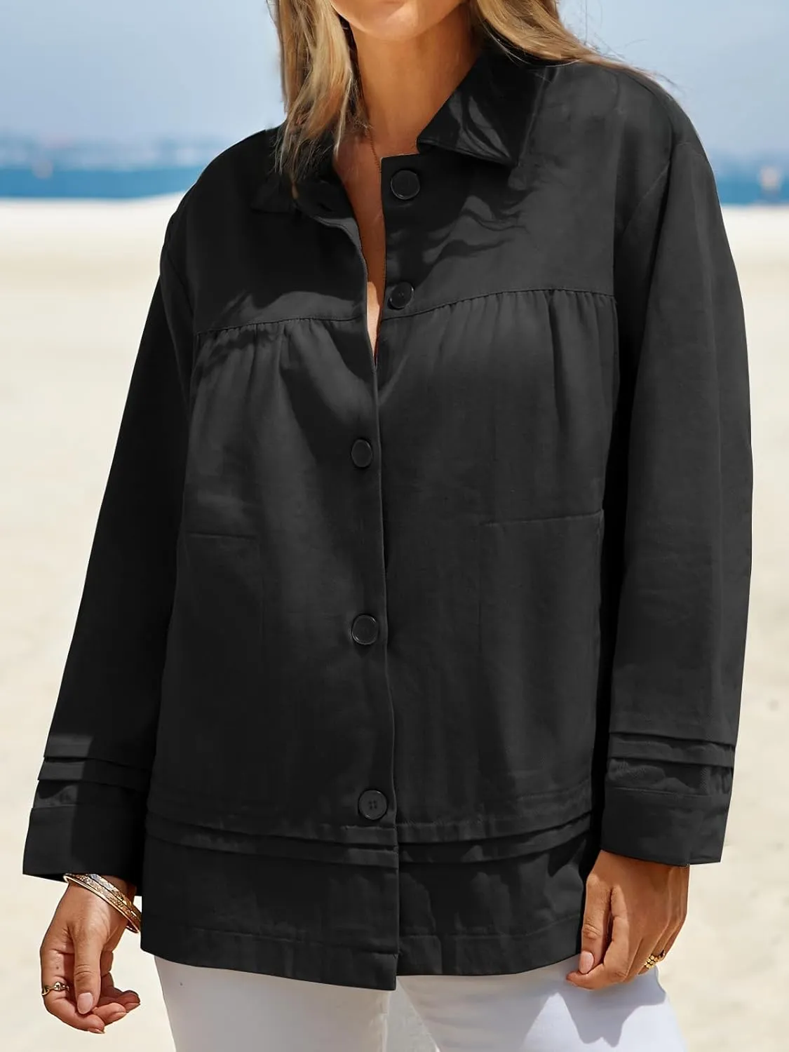 Cicy Bell Womens Oversized Casual Jackets Lightweight Pleated Babydoll Shackets Cotton Button Down Coats