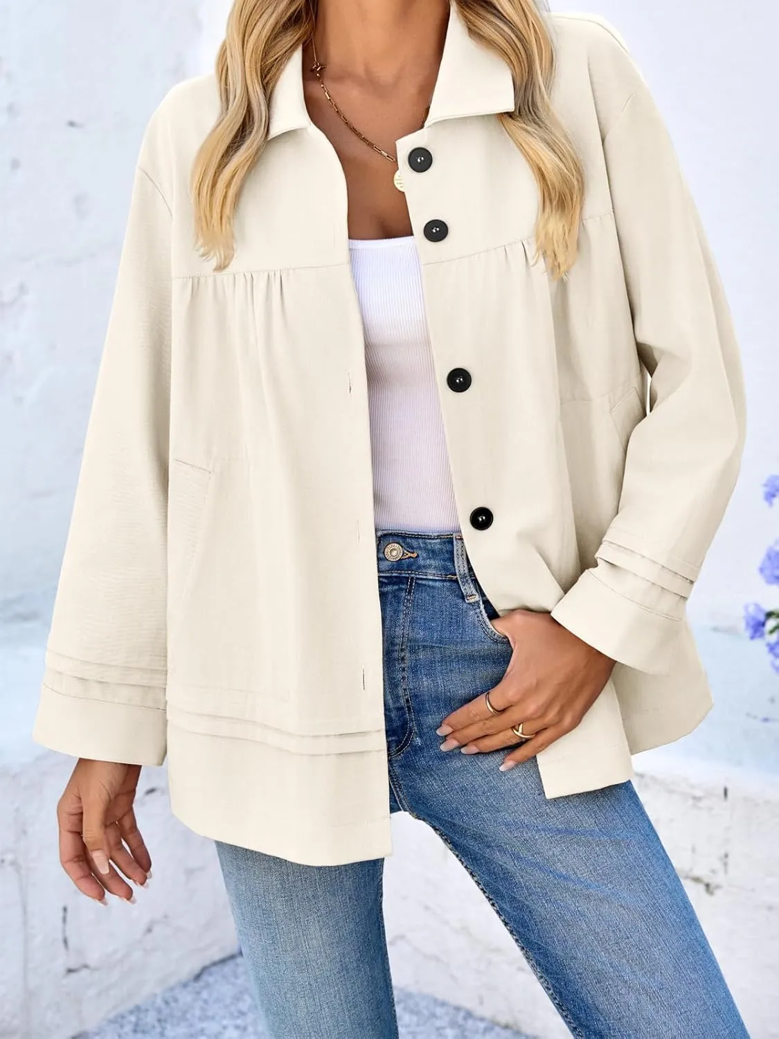 Cicy Bell Womens Oversized Casual Jackets Lightweight Pleated Babydoll Shackets Cotton Button Down Coats