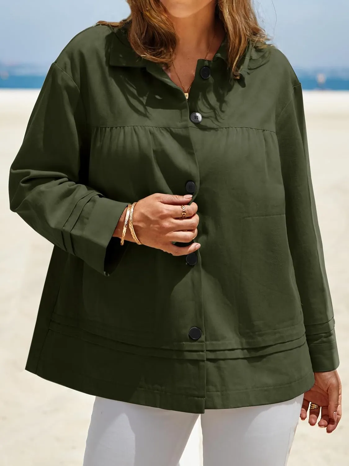 Cicy Bell Womens Oversized Casual Jackets Lightweight Pleated Babydoll Shackets Cotton Button Down Coats