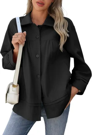 Cicy Bell Womens Oversized Casual Jackets Lightweight Pleated Babydoll Shackets Cotton Button Down Coats
