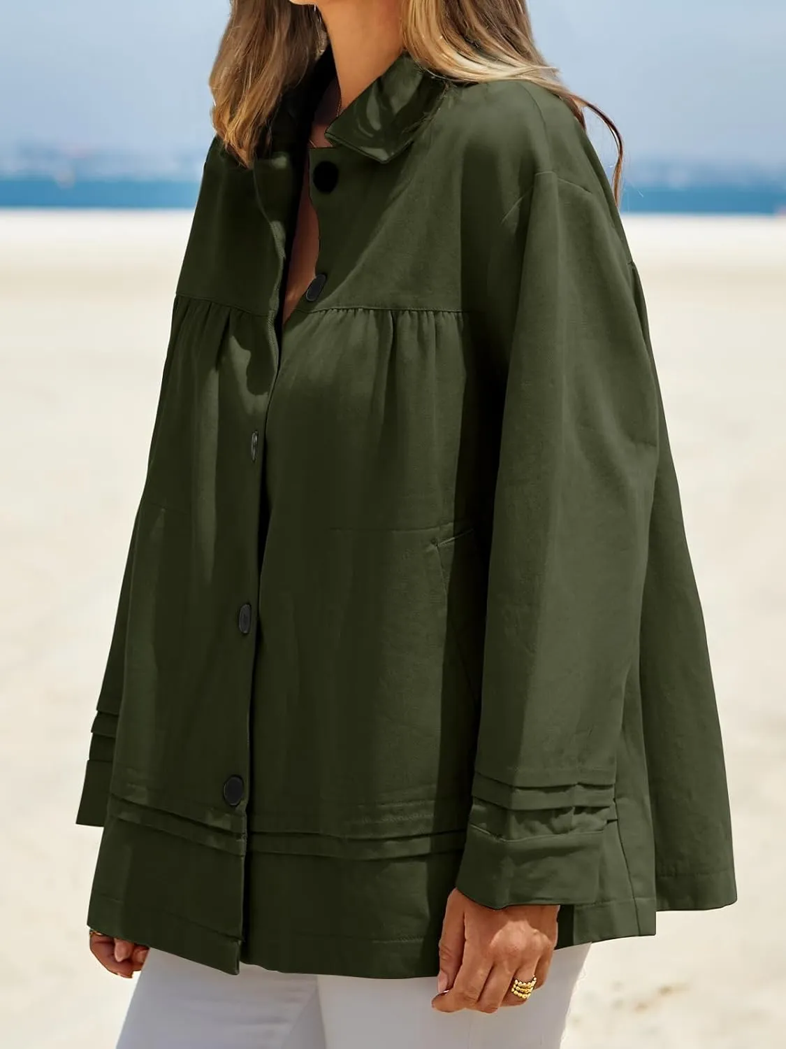 Cicy Bell Womens Oversized Casual Jackets Lightweight Pleated Babydoll Shackets Cotton Button Down Coats