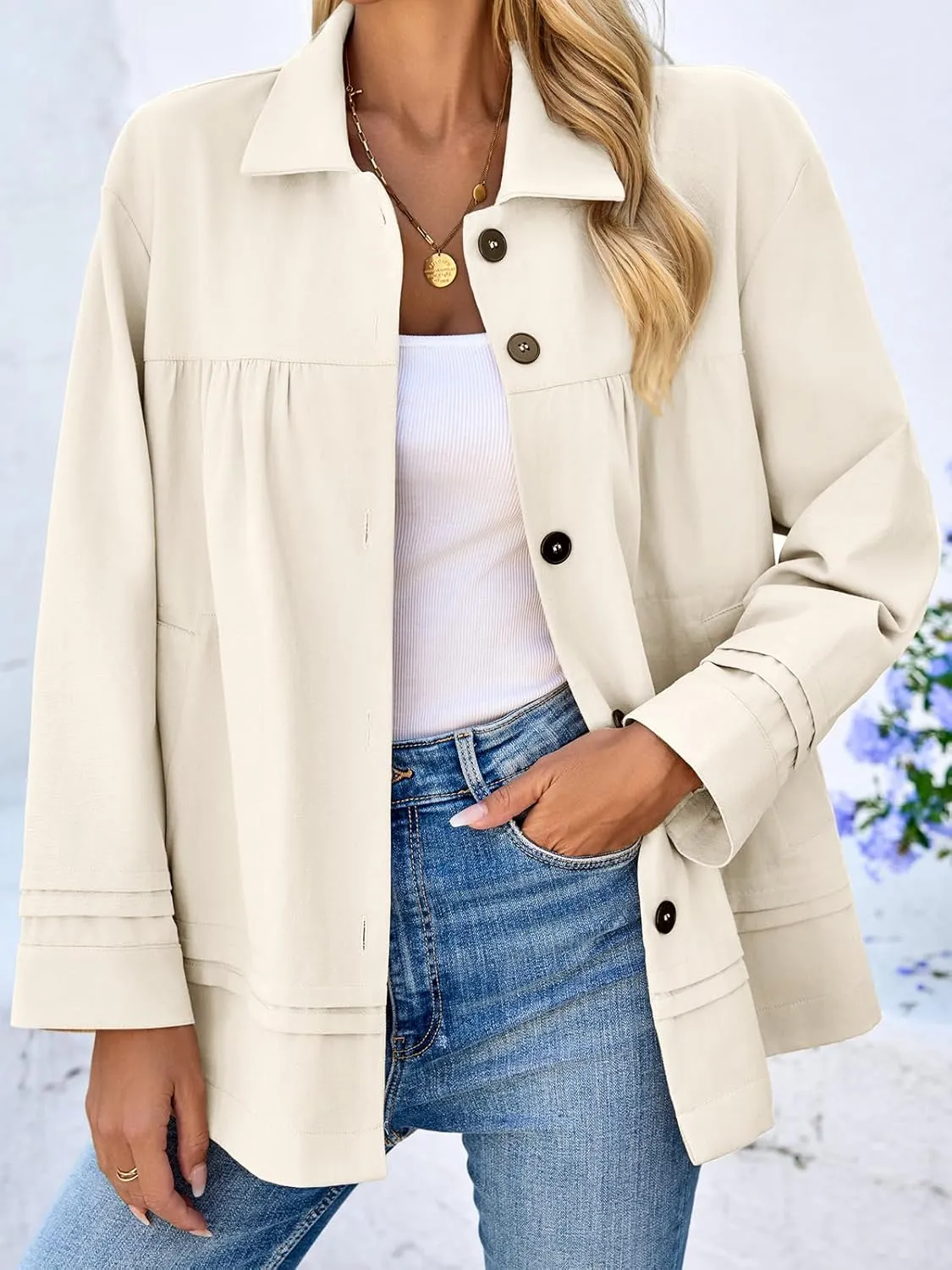Cicy Bell Womens Oversized Casual Jackets Lightweight Pleated Babydoll Shackets Cotton Button Down Coats