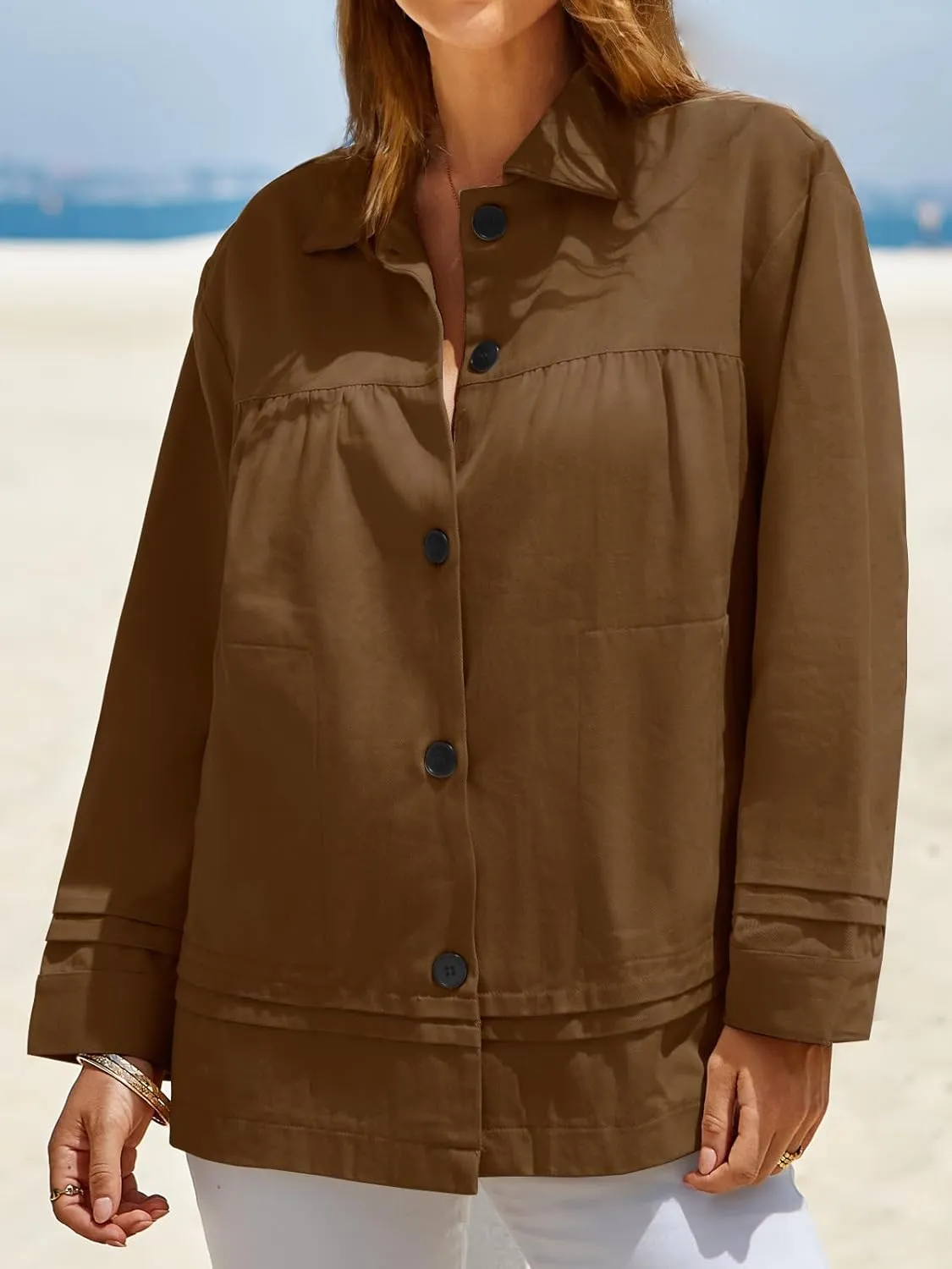 Cicy Bell Womens Oversized Casual Jackets Lightweight Pleated Babydoll Shackets Cotton Button Down Coats