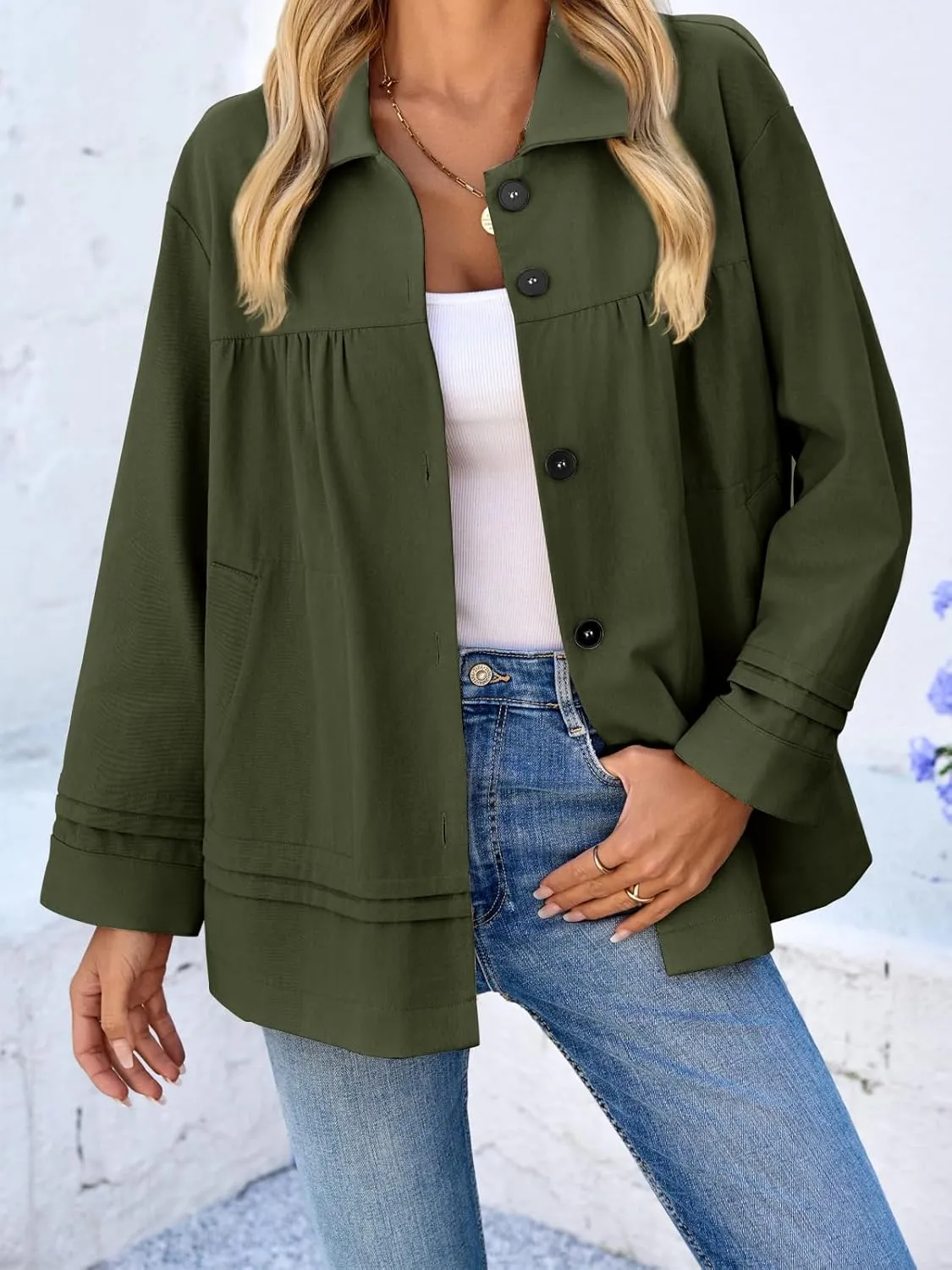 Cicy Bell Womens Oversized Casual Jackets Lightweight Pleated Babydoll Shackets Cotton Button Down Coats