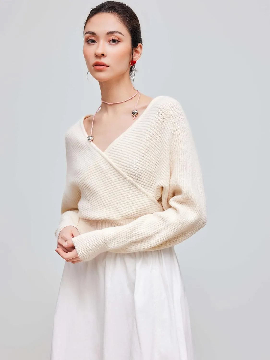 CIDER Cropped Sweaters for Women V Neck Wrap Cross Front Solid Knit Pullover Long Sleeve Tops